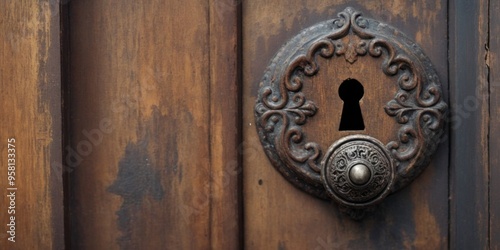 Rustic vintage close-up of ornate metal keyhole on weathered woo