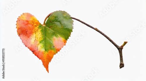 A single chinese tallow leaf, heart-shaped with a pointed tip, turning from green to bright red photo