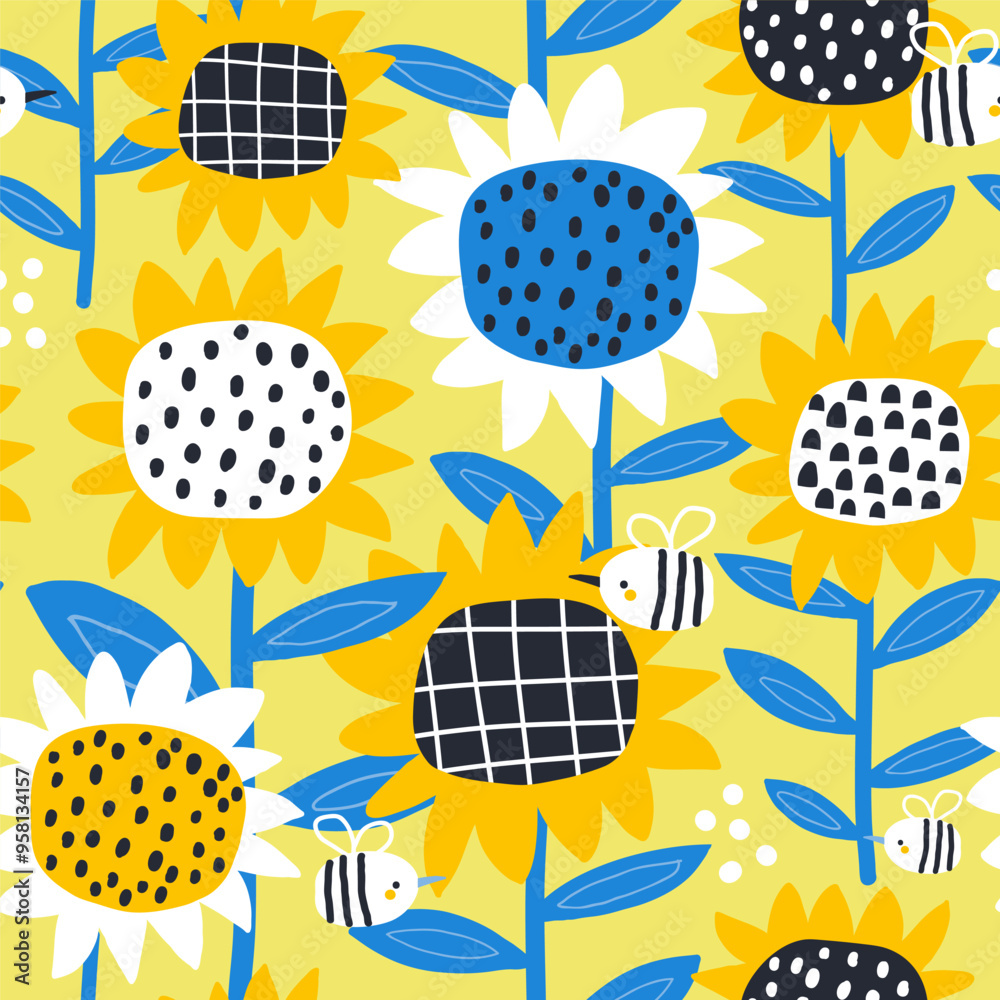 Children's pattern with cartoon sunflowers and bees