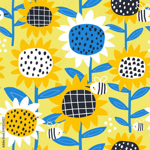 Seamless floral pattern with cartoon sunflowers and bee. Blooming texture for fabric, apparel, textile, digital papers. Vector background