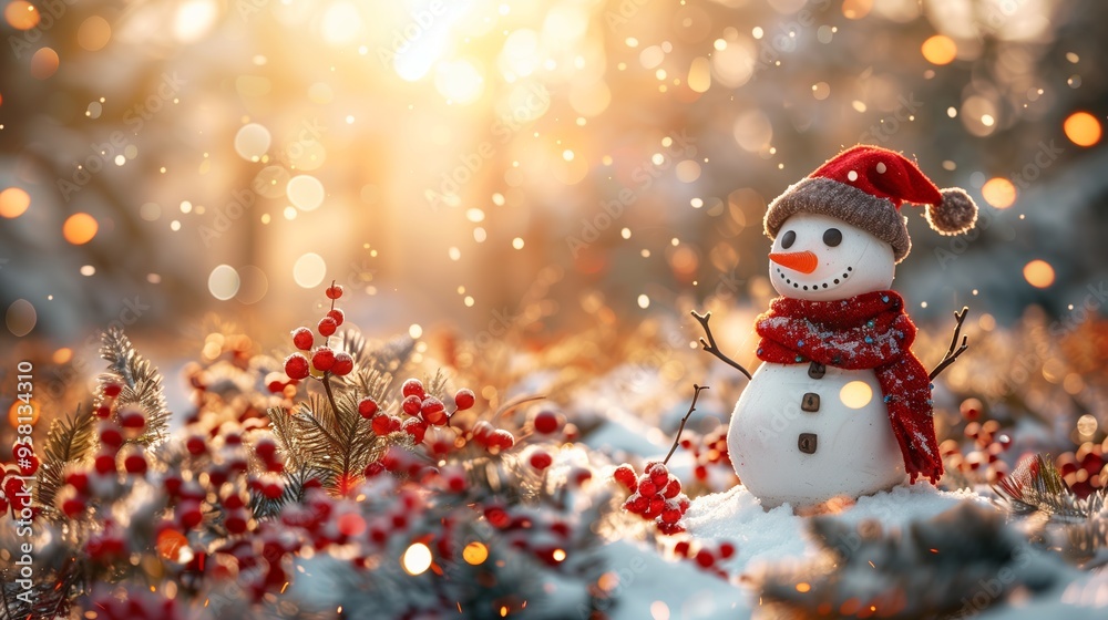 Cute Snowman with Red Scarf in Winter Landscape