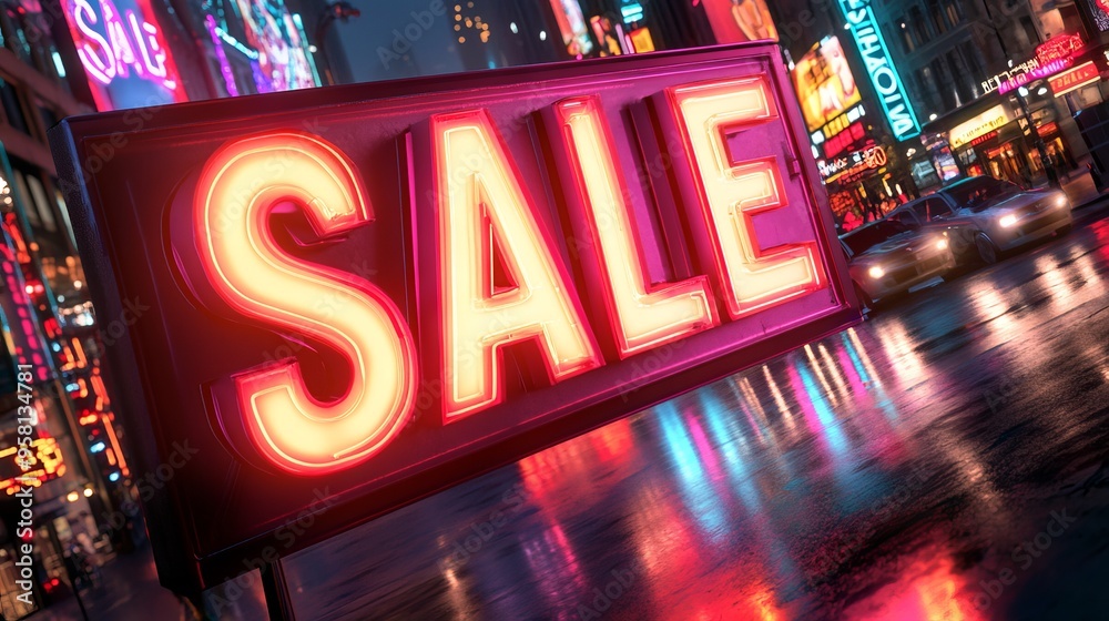 Neon Sale Sign in Futuristic Urban Street
Neon Sale Sign in Futuristic Urban Street