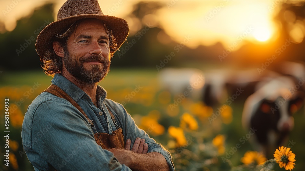 Obraz premium Organic farmer standing in a field of wildflowers, promoting biodiversity on the farm