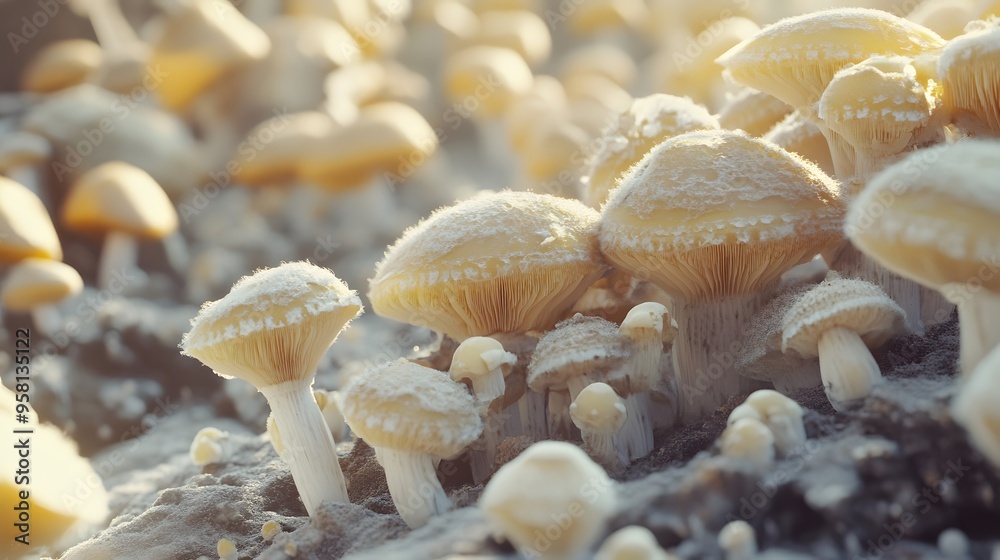 Mushroom farm, capturing the essence of fresh, harvested mushrooms in growth