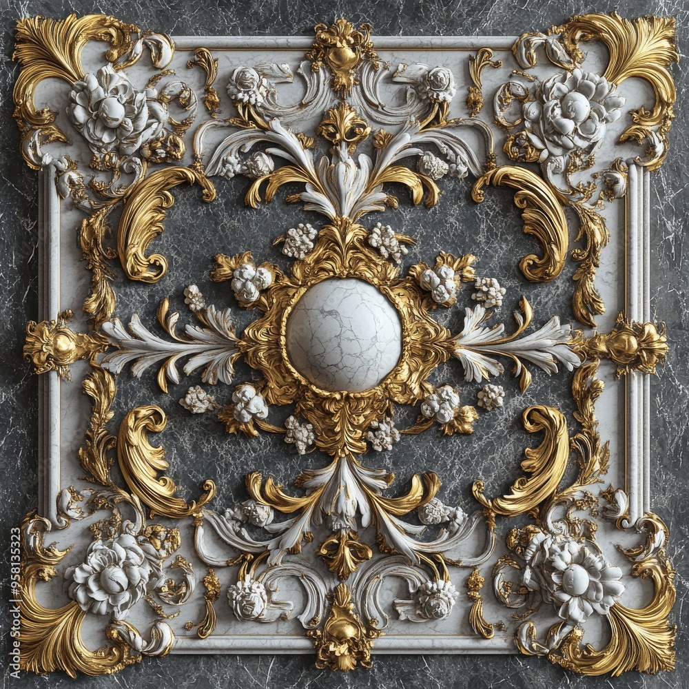 With gold sunbursts and roses on a marble background, this medallion is highly decorative With gold sunbursts and roses on a marble background, this medallion is highly decorative