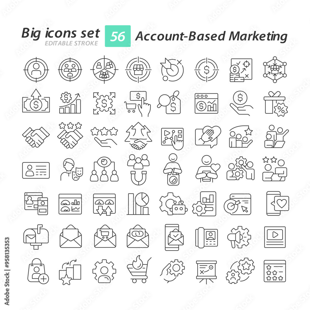 Account-based marketing linear icons set. Sales statistics, customers management. Purchasing metrics. Customizable thin line symbols. Isolated vector outline illustrations. Editable stroke Account-based marketing linear icons set. Sales statistics, customers management. Purchasing metrics. Customizable thin line symbols. Isolated vector outline illustrations. Editable stroke