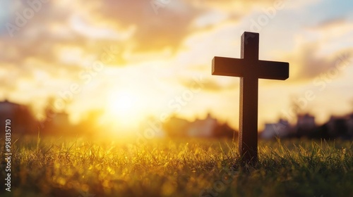 Silhouette of Christian Cross on Grass at Sunrise
