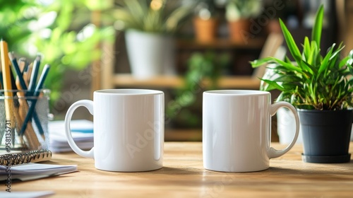 White Mugs on Desk Surrounded by Office Supplies and Indoor Plants Perfect for Office Decor