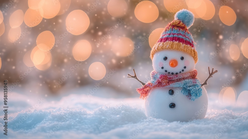 Charming Snowman in Colorful Winter Attire Standing in Snow with Cozy Bokeh Background Ideal for Festive Imagery Charming Snowman in Colorful Winter Attire Standing in Snow with Cozy Bokeh Background Ideal for Festive Imagery