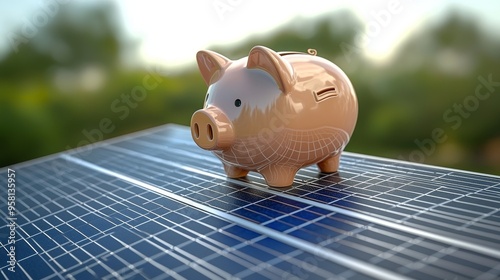 3D Scene of Piggy Bank on Solar Panel Representing Savings with Solar Energy photo