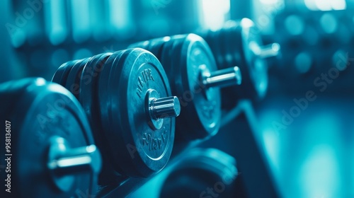 Aligned Dumbbells on Rack in Gym with Blue Tones Focused on Weights for Strength Training photo