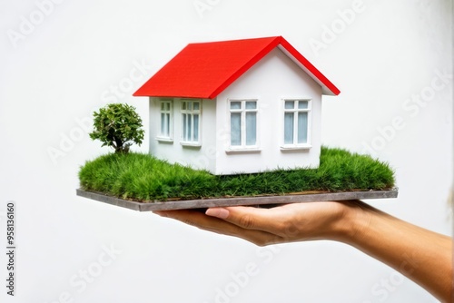 Hand Holding a Miniature House on a Patch of Grass photo