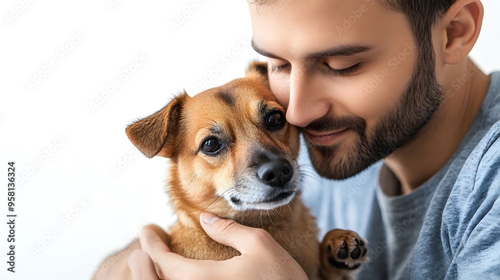 Pet Interaction: A man sitting with a small dog on his lap, gently petting it, against a white background.
Pet Interaction: A man sitting with a small dog on his lap, gently petting it, against a white background.