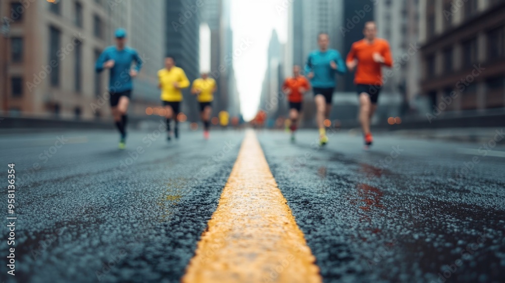 Fototapeta premium A group of determined marathon runners enduring the city challenge focused on the urban landscape as they push through the race with endurance and a sense of achievement