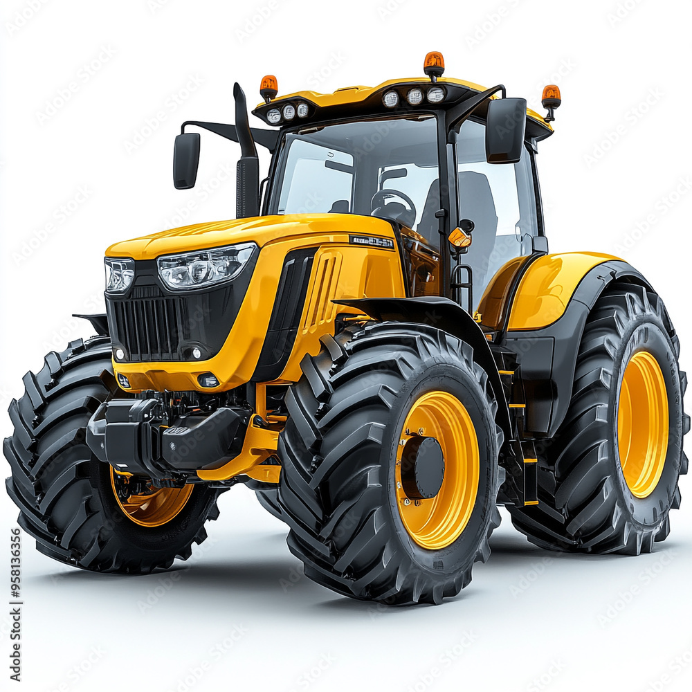 Obraz premium Bright yellow modern tractor with large tires, designed for efficient farming and agricultural work, showcasing innovation and power.