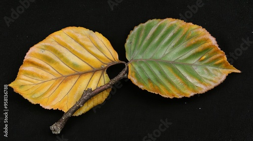 A witch hazel leaf, obovate with wavy edges, turning from green to yellow photo