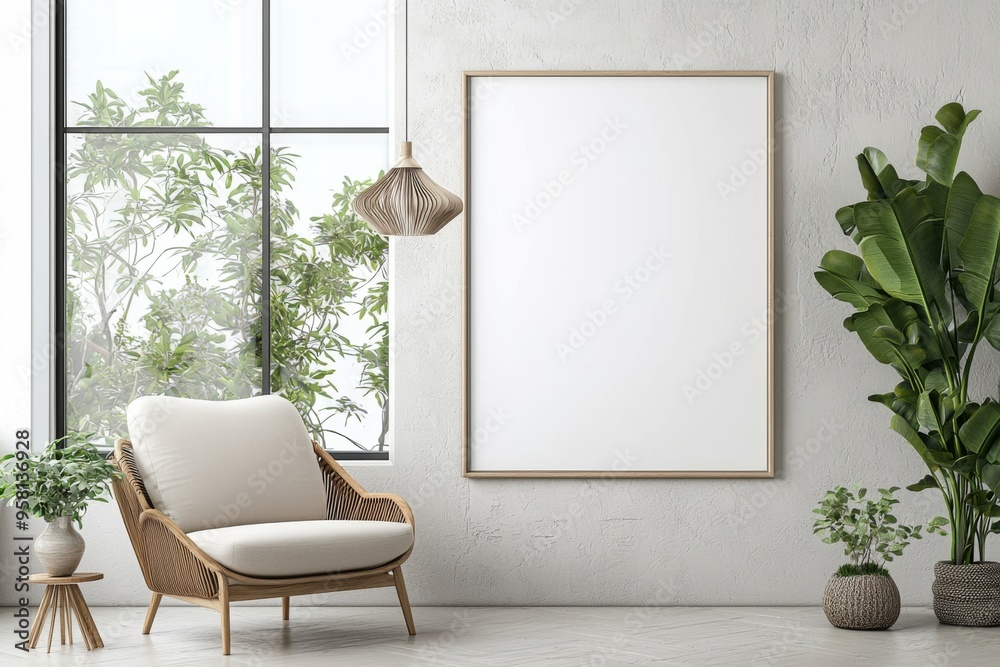 Poster Frame in Beige minimalist living room interior created with generative AI Poster Frame in Beige minimalist living room interior created with generative AI