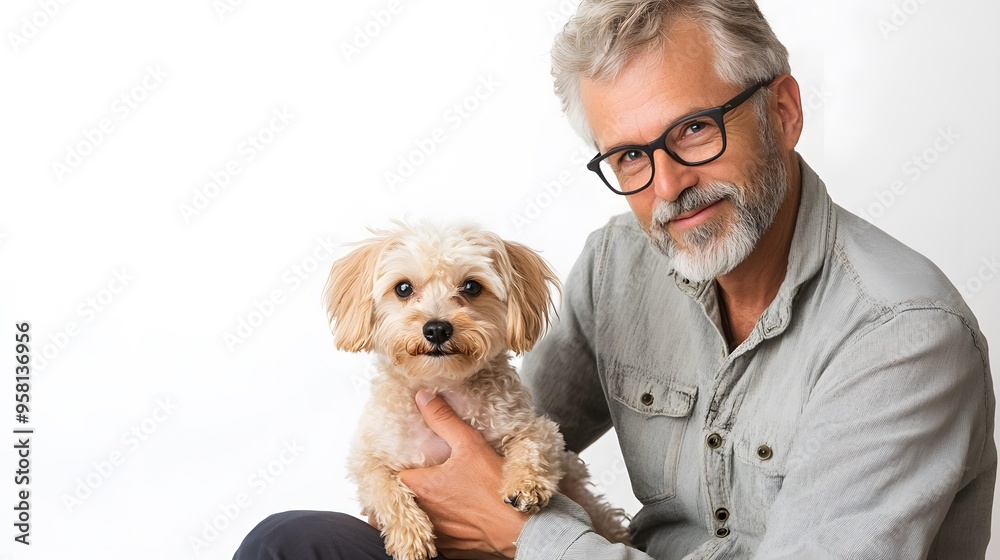 Pet Interaction: A man sitting with a small dog on his lap, gently petting it, against a white background.
Pet Interaction: A man sitting with a small dog on his lap, gently petting it, against a white background.