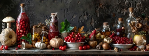 Rustic still life with bottles, mushrooms, and fresh berries on a wooden table