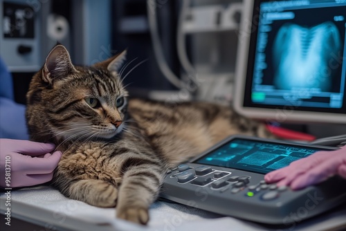 A veterinarian performs a diagnostic ultrasound on a cat. The concept of veterinary medicine