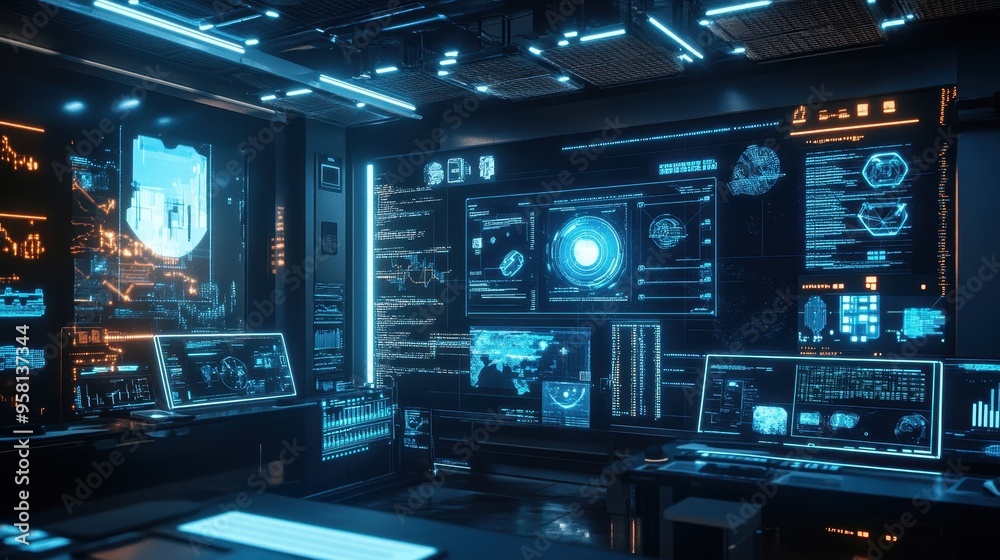 Futuristic Sci-Fi Control Room with Holographic Displays Futuristic Sci-Fi Control Room with Holographic Displays