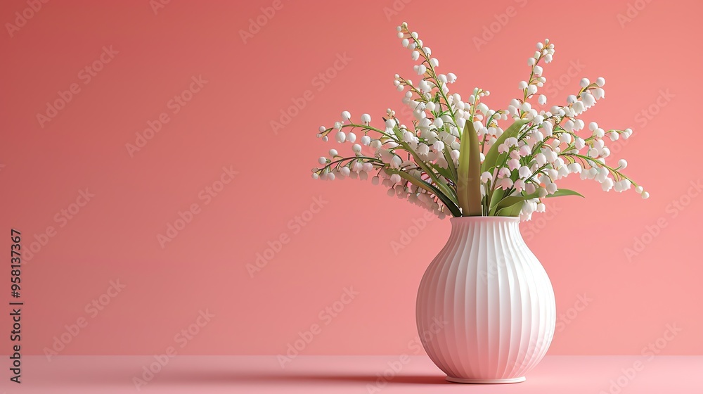 White ceramic vase with lily of the valley bouquet. Happy mother's day greeting background. AI generated image White ceramic vase with lily of the valley bouquet. Happy mother's day greeting background. AI generated image