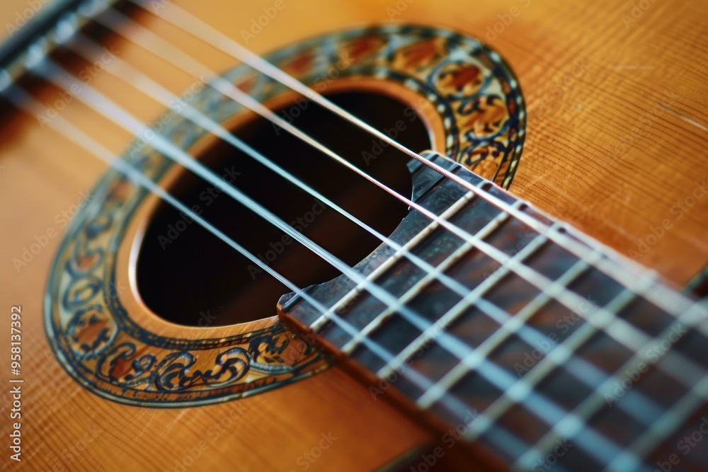Close up of a six string acoustic guitar focusing on the soundhole and strings Close up of a six string acoustic guitar focusing on the soundhole and strings