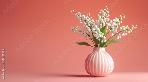 White ceramic vase with lily of the valley bouquet. Happy mother's day greeting background. AI generated image