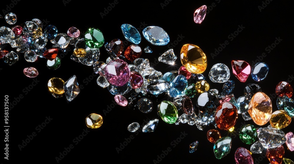 A cascade of shiny gemstones falling in mid-air, capturing the sparkle and colors as they tumble against a black background A cascade of shiny gemstones falling in mid-air, capturing the sparkle and colors as they tumble against a black background