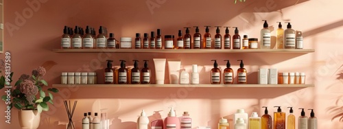 Shelf display of beauty and skincare products in warm natural lighting