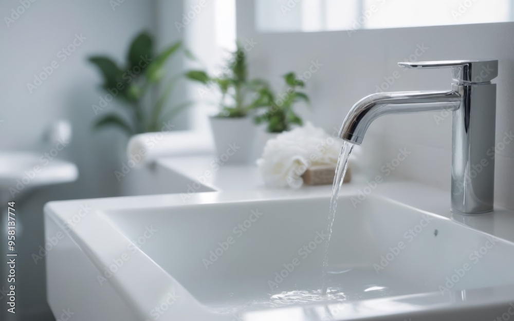 Modern rectangular white sink with silver faucet and cascading w Modern rectangular white sink with silver faucet and cascading w