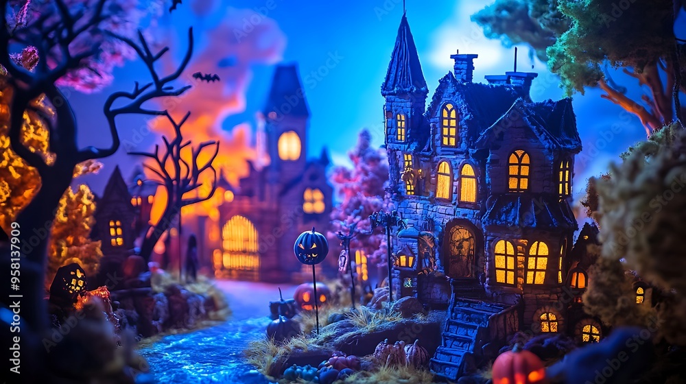 Naklejka premium Model showcasing Halloween-themed party props, highly detailed photograph, spooky lighting, clear and vibrant colors
