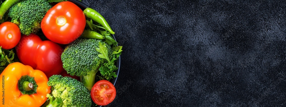 A bowl of broccoli, tomatoes, peppers, and broccoli against a black surface with a black background A bowl of broccoli, tomatoes, peppers, and broccoli against a black surface with a black background