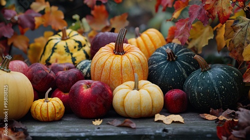 Vibrant Autumn Harvest Scene Showcasing Seasonal Produce Like Squash and Apples Amidst Fal