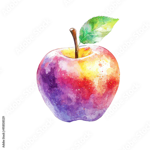 A vibrant watercolor apple with a green leaf, showcasing rich colors and a playful artistic style, perfect for fruit-themed designs.
