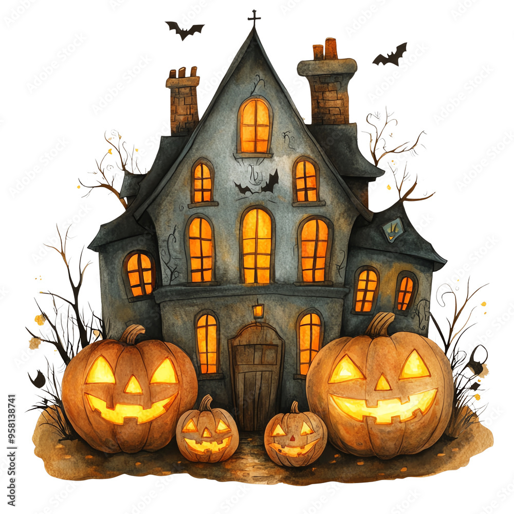 Charming haunted house with glowing windows and festive pumpkins, perfect for Halloween-themed illustrations and decorations. Charming haunted house with glowing windows and festive pumpkins, perfect for Halloween-themed illustrations and decorations.