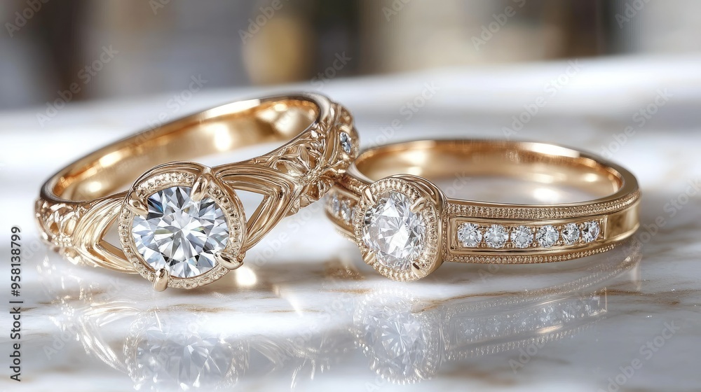 A pair of gold diamond engagement rings with intricate designs, side by side on a marble surface, elegance in simplicity A pair of gold diamond engagement rings with intricate designs, side by side on a marble surface, elegance in simplicity