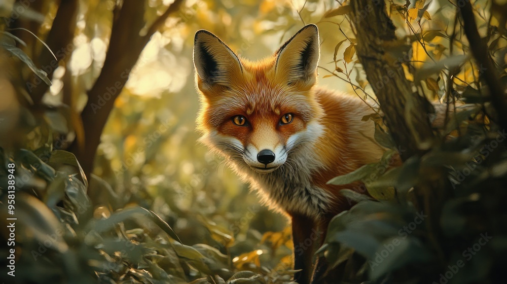 Fototapeta premium A Red Fox Peeking Through Foliage in a Sunlit Forest