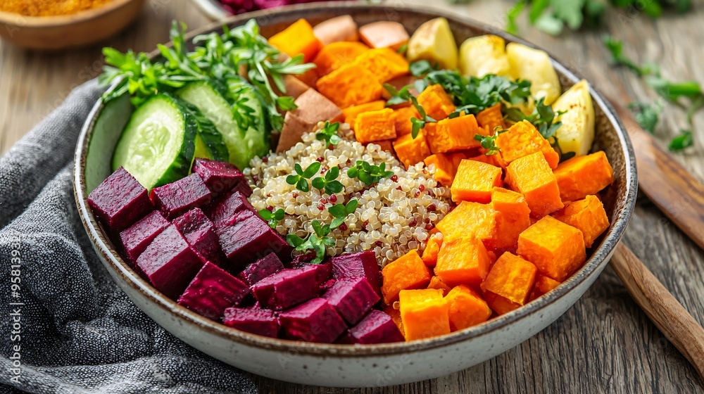 Vibrant and Nutritious Vegetable Bowl with Seasonal Root Vegetables and Quinoa Delightfull Vibrant and Nutritious Vegetable Bowl with Seasonal Root Vegetables and Quinoa Delightfull