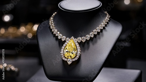 A radiant pear-cut yellow diamond necklace displayed on a black jewelry stand, showcasing its brilliance