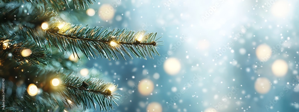 A tight shot of a pine tree, background softly blurred with snowflakes and illuminated branches A tight shot of a pine tree, background softly blurred with snowflakes and illuminated branches