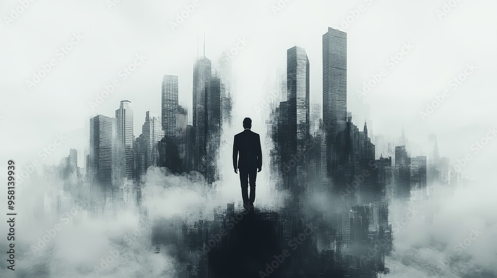 Silhouette of a businessman walking towards a city with skyscrapers blending into his form, representing the journey towards urban success Silhouette of a businessman walking towards a city with skyscrapers blending into his form, representing the journey towards urban success