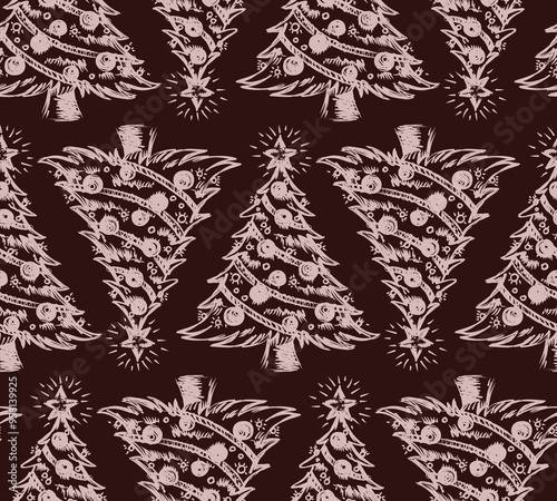 The seamless red background with Christmas tree.