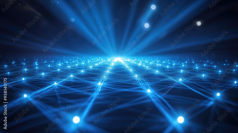 Fototapeta premium Abstract blue light rays and wireframe network background, featuring illuminated nodes and complex connections
