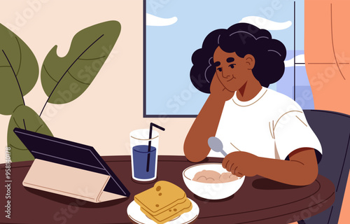 Young woman sits at the table, watches movie, videos with tablet during eating food. Black girl uses device to surf internet while breakfast, lunch. Meal with social networks. Flat vector illustration