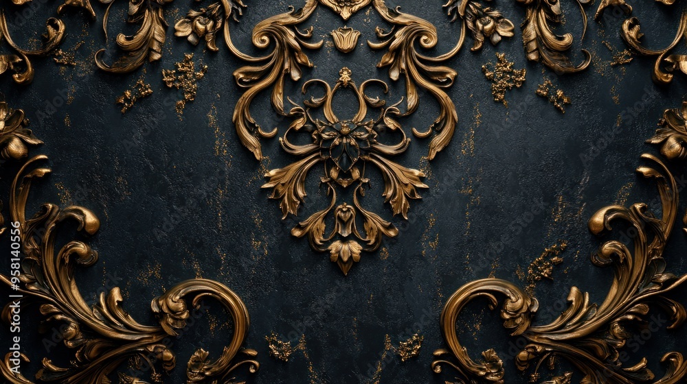 Ornate Gold Floral Design on a Dark Blue Background Ornate Gold Floral Design on a Dark Blue Background