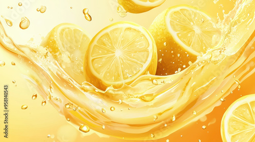 Fresh lemon slices splash in tangy juice, creating vibrant and refreshing scene.