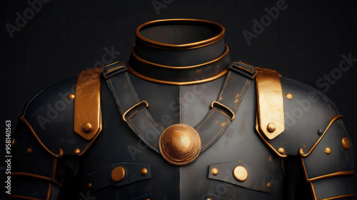 Close-up of medieval armor with gold accents on a dark background, showcasing detailed craftsmanship and historical design.