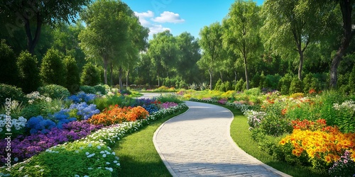 garden with flowers, Colorful Floral Garden in Full Bloom with Diverse Plant Species, Manicured Paths, and a Tranquil Setting 