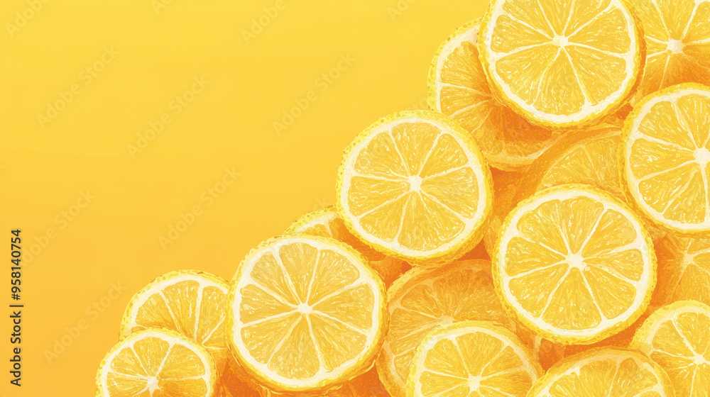 Obraz premium Fresh lemon slices bursting with citrus zing against vibrant yellow background. Perfect for adding refreshing touch to any design.